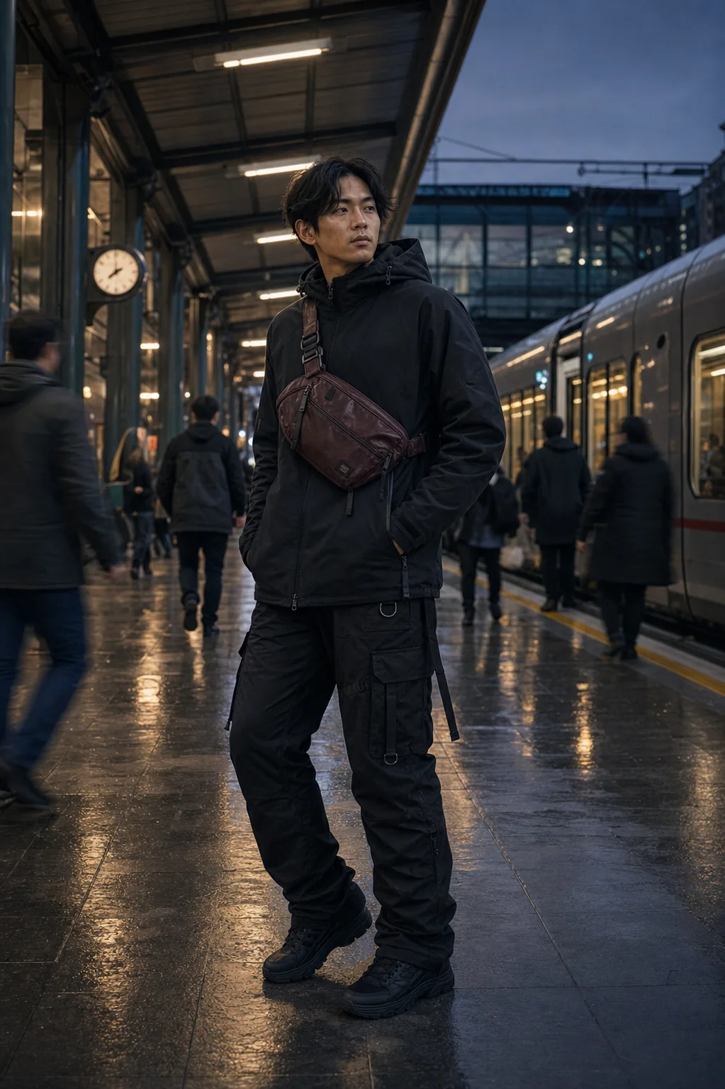 Editorial Milan train platform styling image showing a model wearing the Clothixpack CXP-A101 Vector Chest Rig.