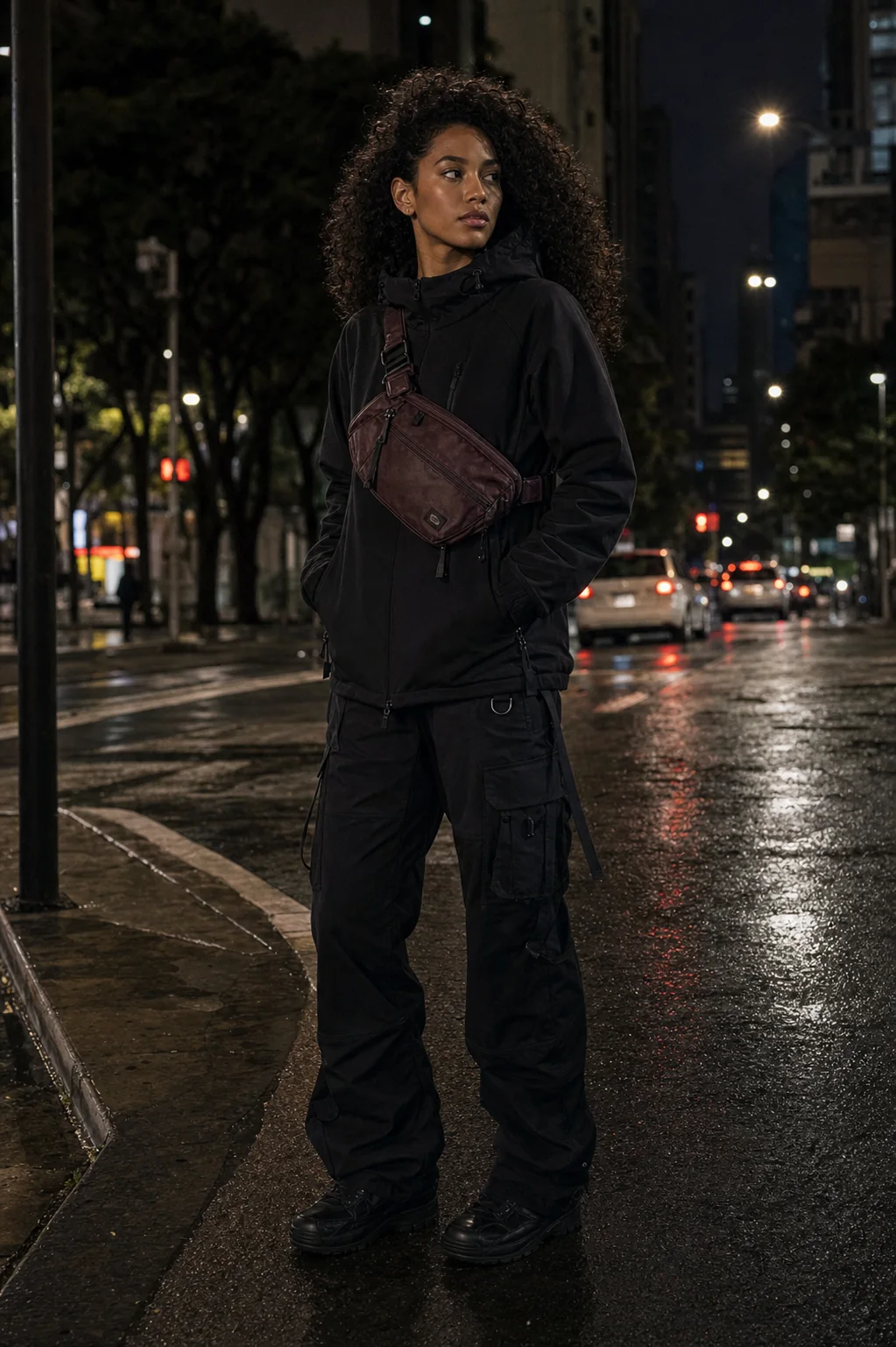 Editorial São Paulo street styling image showing a model wearing the Clothixpack CXP-A101 Vector Chest Rig.