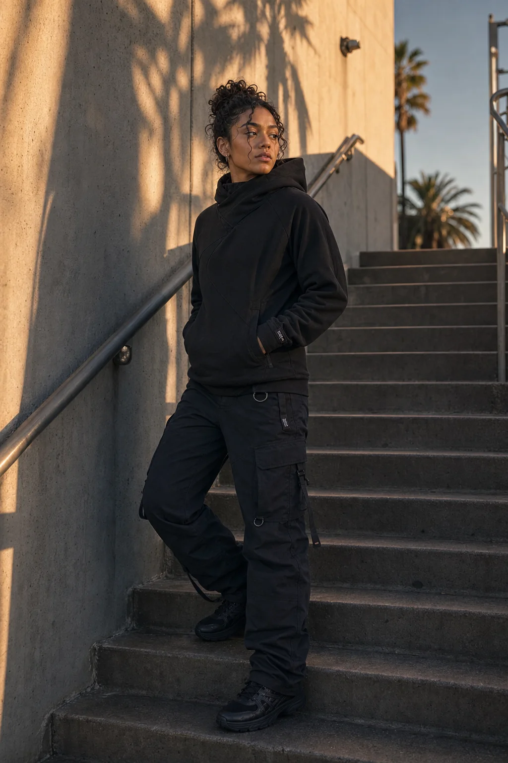 Editorial Los Angeles stairwell styling image showing a model wearing the Clothixpack CXP-H102 Signal Technical Hoodie.