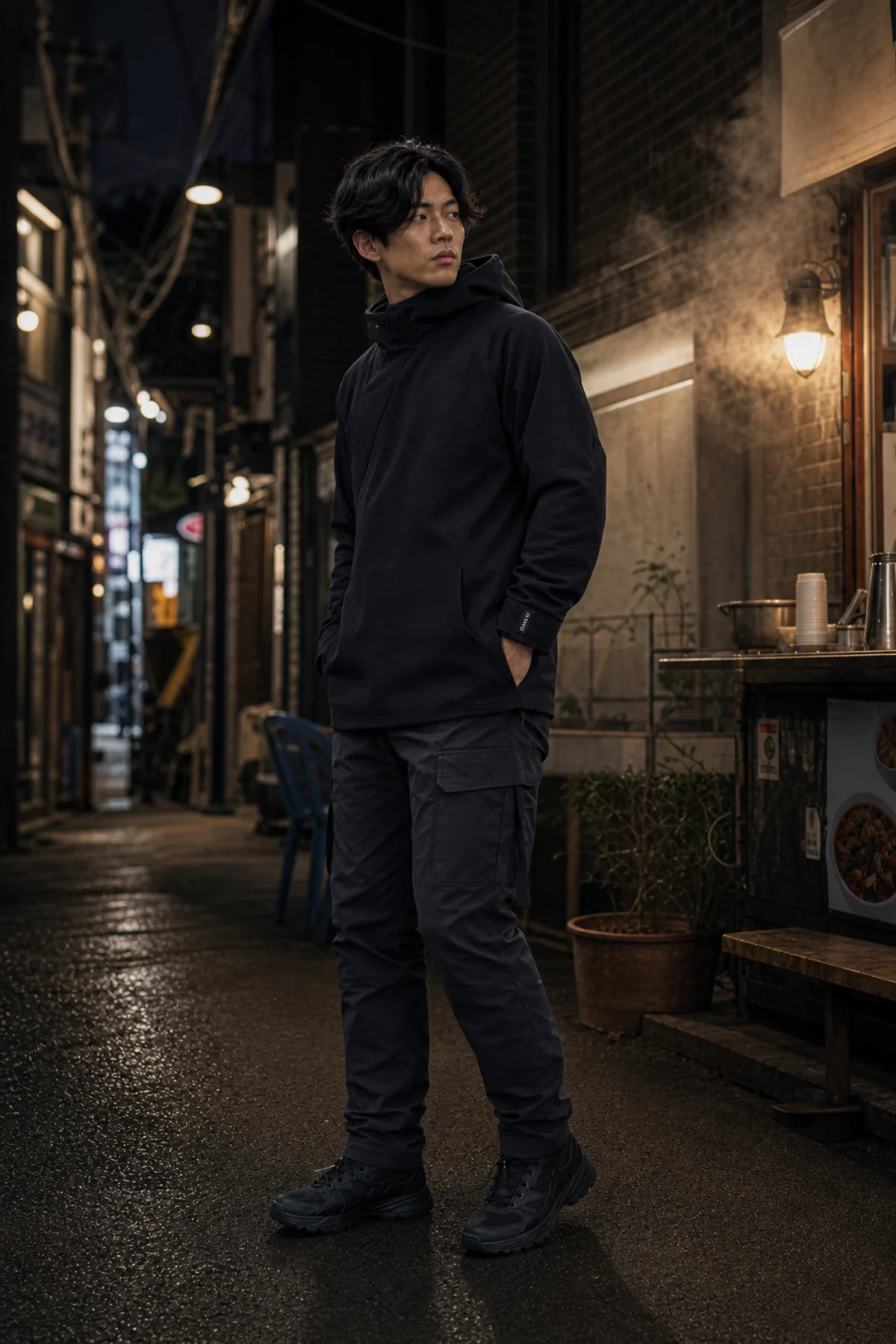 Editorial Seoul alley styling image showing a model wearing the Clothixpack CXP-H102 Signal Technical Hoodie.