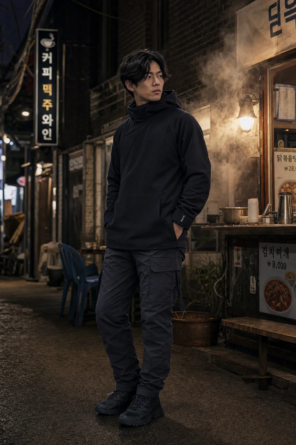 Editorial Seoul alley styling image showing a model wearing the Clothixpack CXP-H102 Signal Technical Hoodie.
