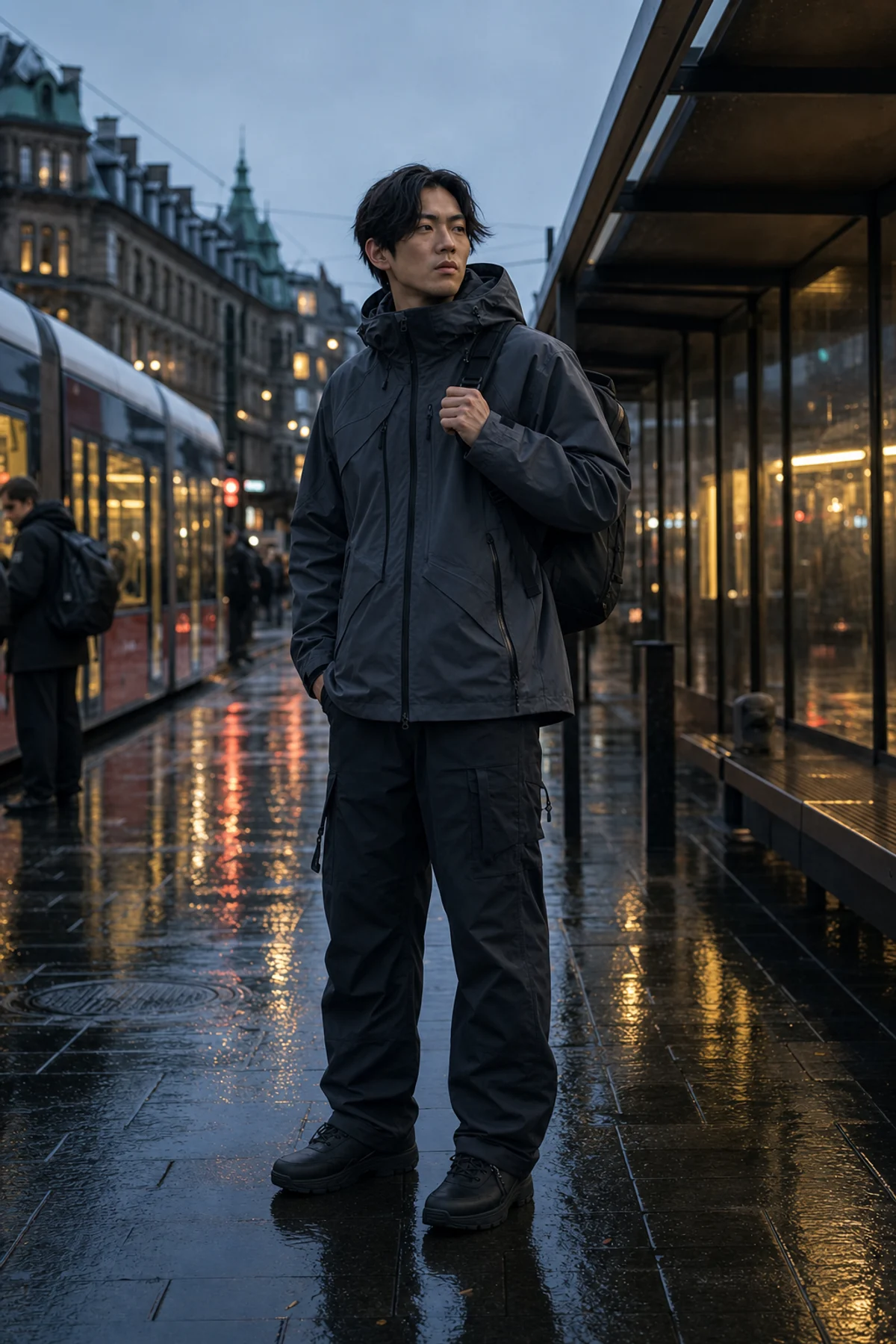Editorial Copenhagen tram stop styling image showing a model wearing the Clothixpack CXP-J101 Strata Hardshell Jacket.