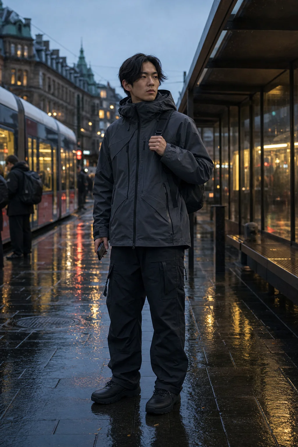 Editorial Copenhagen tram stop styling image showing a model wearing the Clothixpack CXP-J101 Strata Hardshell Jacket.