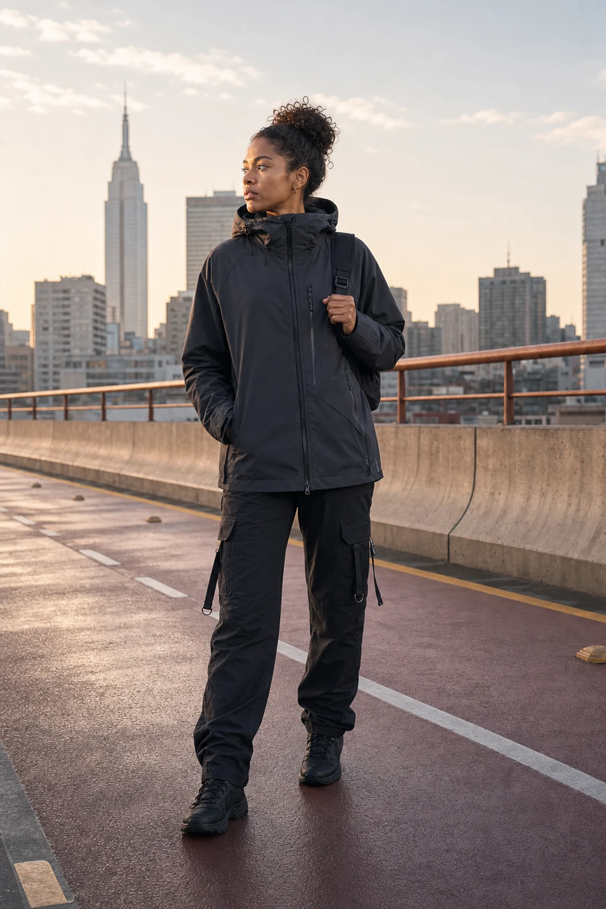 Editorial Mexico City rooftop styling image showing a model wearing the Clothixpack CXP-J101 Strata Hardshell Jacket.
