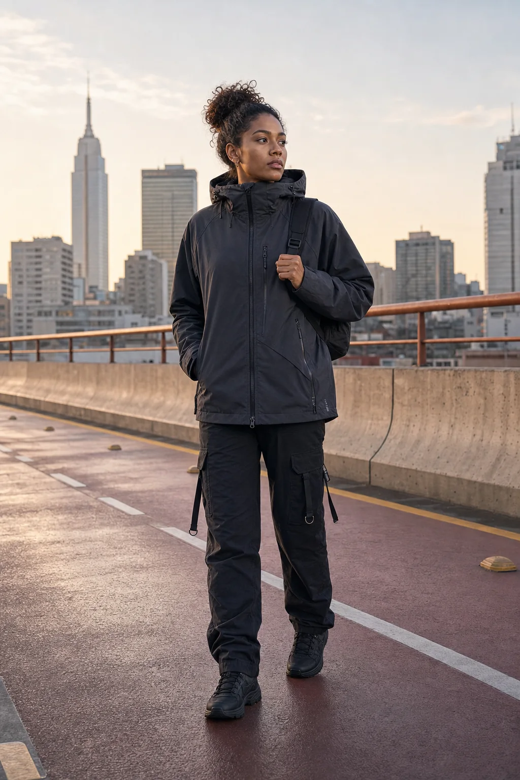 Editorial Mexico City rooftop styling image showing a model wearing the Clothixpack CXP-J101 Strata Hardshell Jacket.