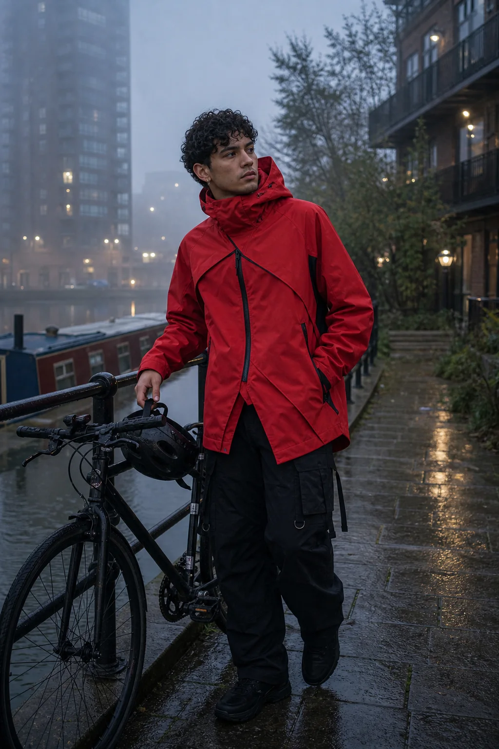 Editorial London canal styling image showing a model wearing the Clothixpack CXP-J102 Axis Hardshell Jacket.
