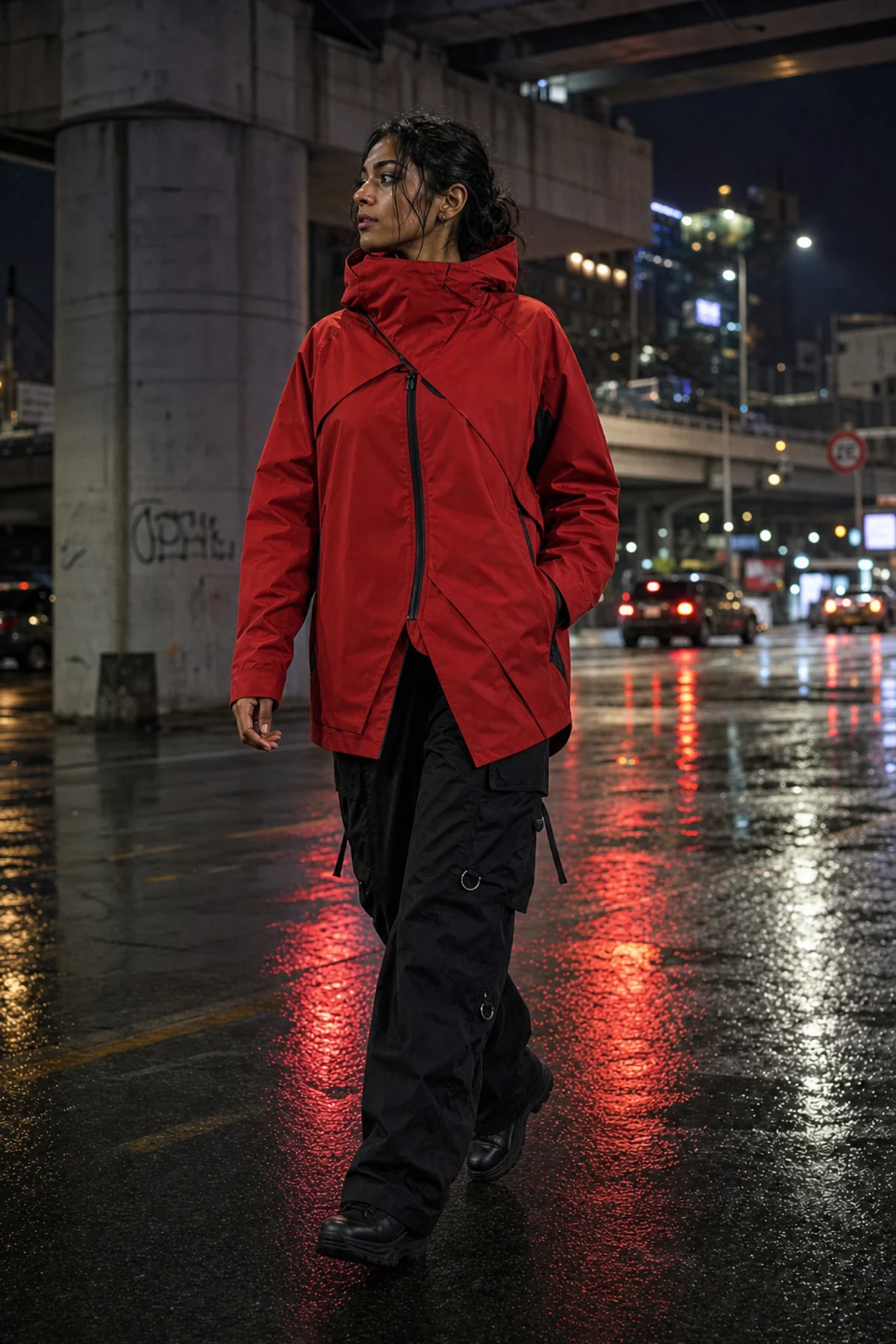 Editorial Seoul underpass styling image showing a model wearing the Clothixpack CXP-J102 Axis Hardshell Jacket.