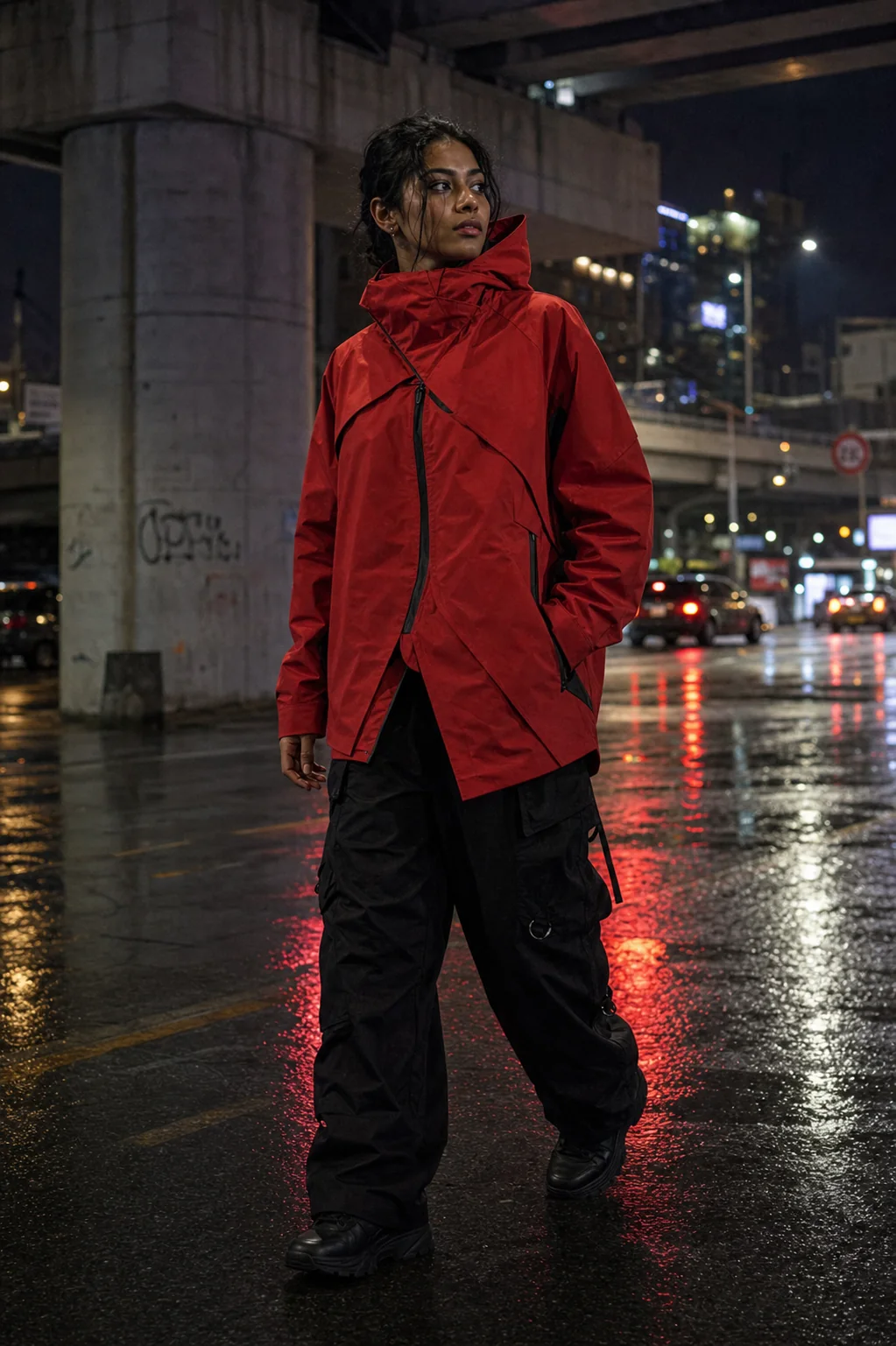 Editorial Seoul underpass styling image showing a model wearing the Clothixpack CXP-J102 Axis Hardshell Jacket.