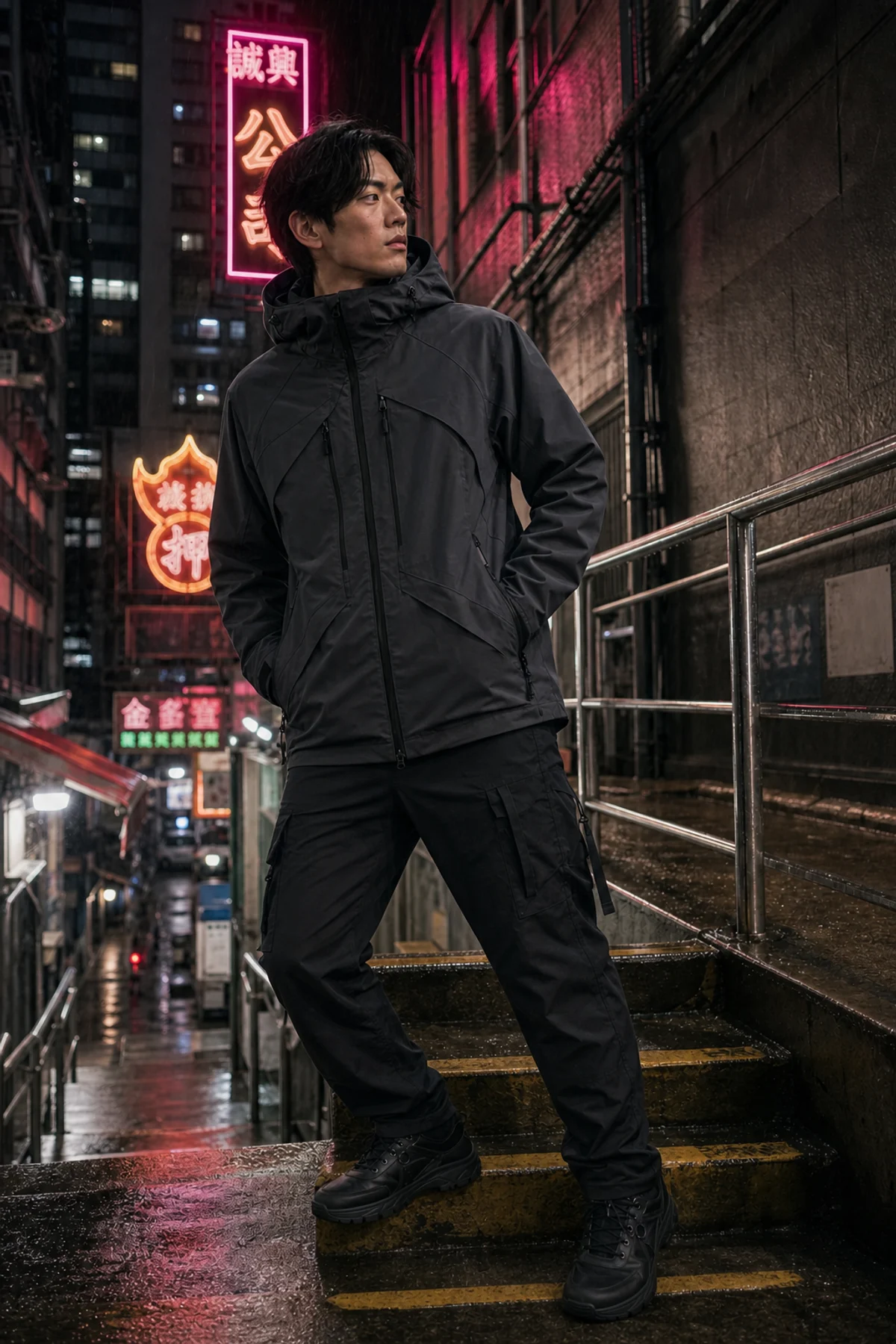 Editorial Hong Kong stairwell styling image showing a model wearing the Clothixpack CXP-J109 Vapor Hardshell Jacket.