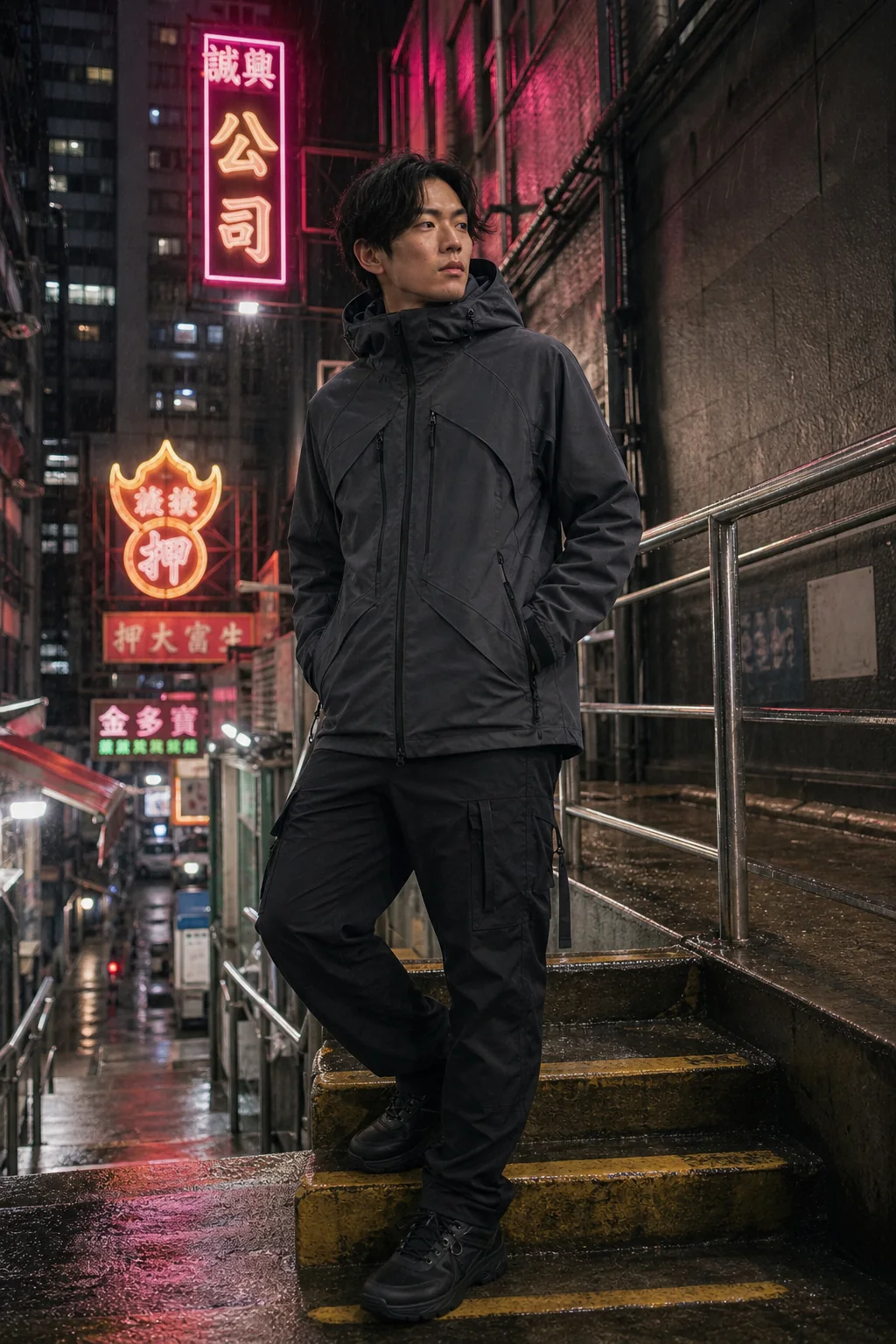 Editorial Hong Kong stairwell styling image showing a model wearing the Clothixpack CXP-J109 Vapor Hardshell Jacket.