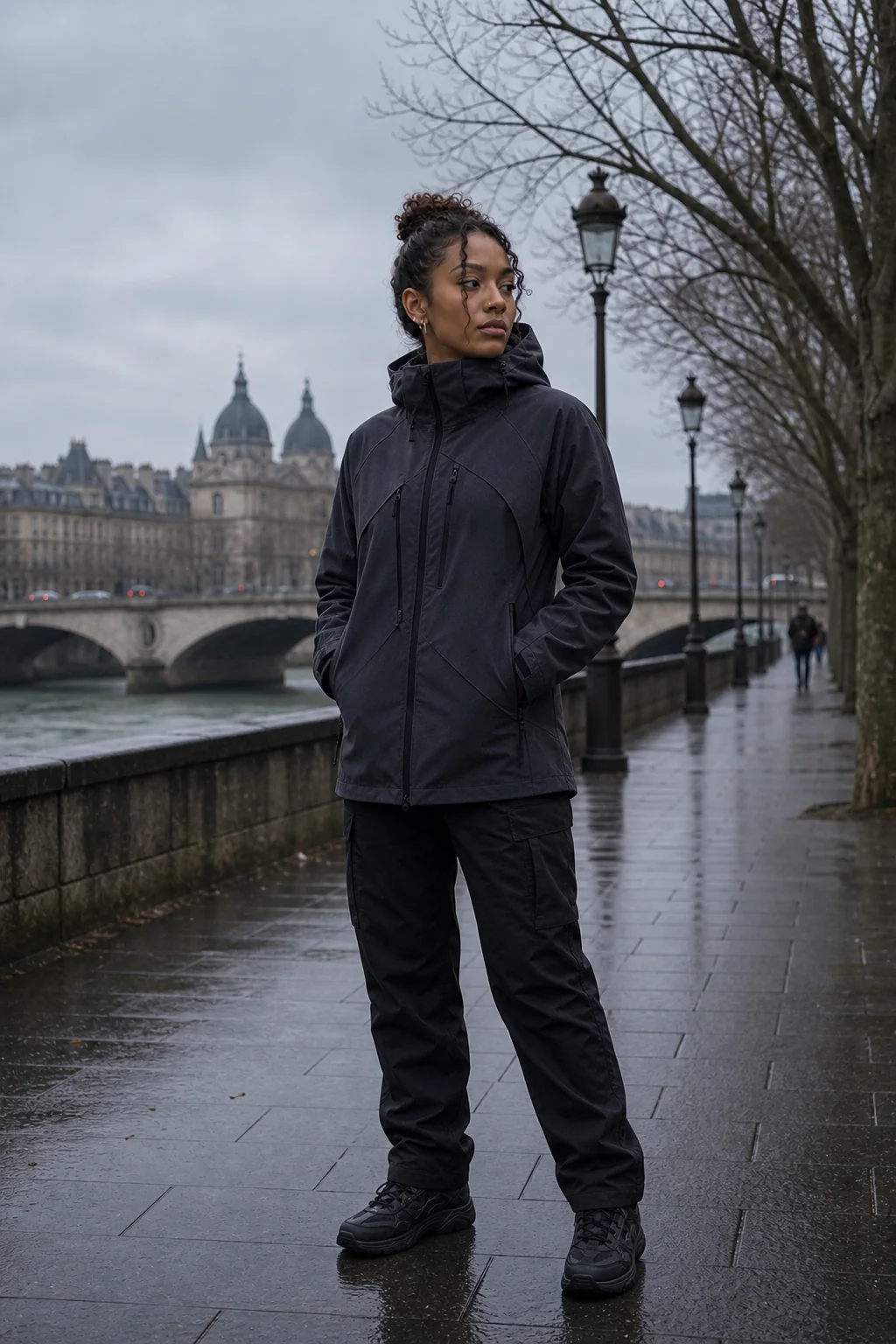 Editorial Paris riverside styling image showing a model wearing the Clothixpack CXP-J109 Vapor Hardshell Jacket.