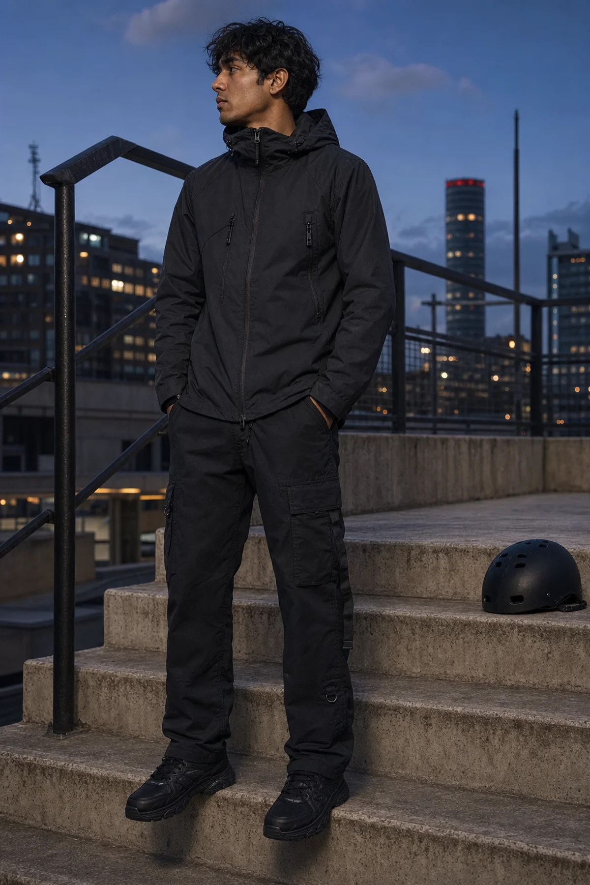 Editorial Johannesburg rooftop styling image showing a model wearing the Clothixpack CXP-P101 Drift Cargo Pant.