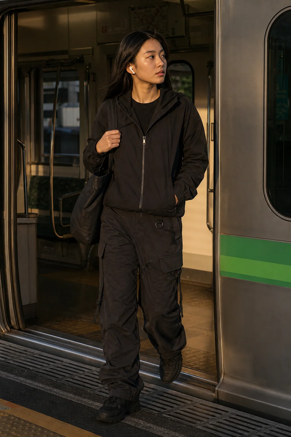 Editorial Tokyo station styling image showing a model wearing the Clothixpack CXP-P101 Drift Cargo Pant.
