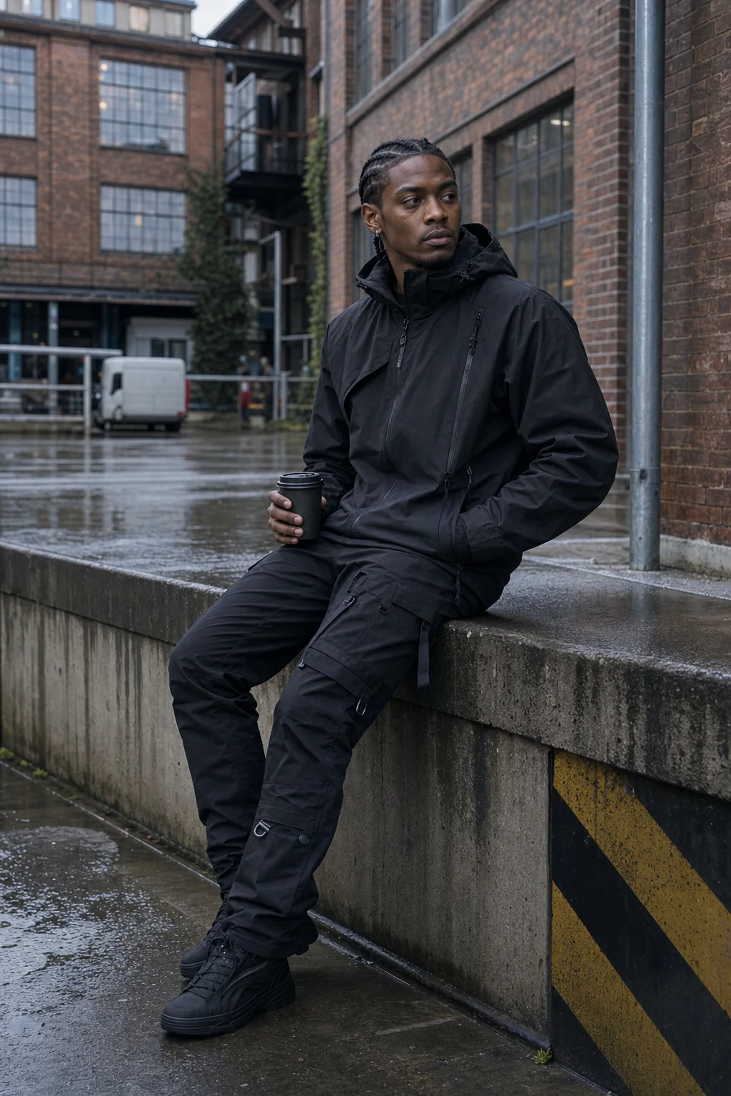 Editorial gallery warehouse styling image showing a model wearing the Clothixpack CXP-P104 Trace Cargo Pant.