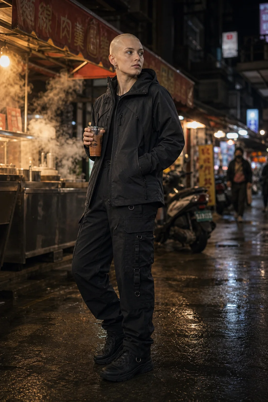 Editorial Taipei night market styling image showing a model wearing the Clothixpack CXP-P104 Trace Cargo Pant.