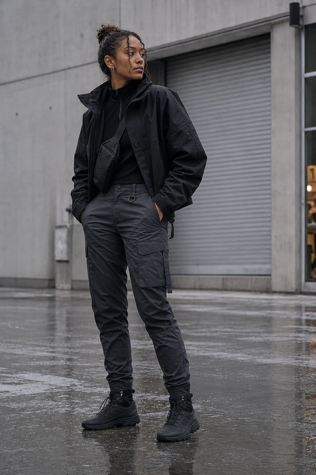 Editorial gallery gallery courtyard styling image showing a model wearing the Clothixpack CXP-P105 Mica Cargo Pant.