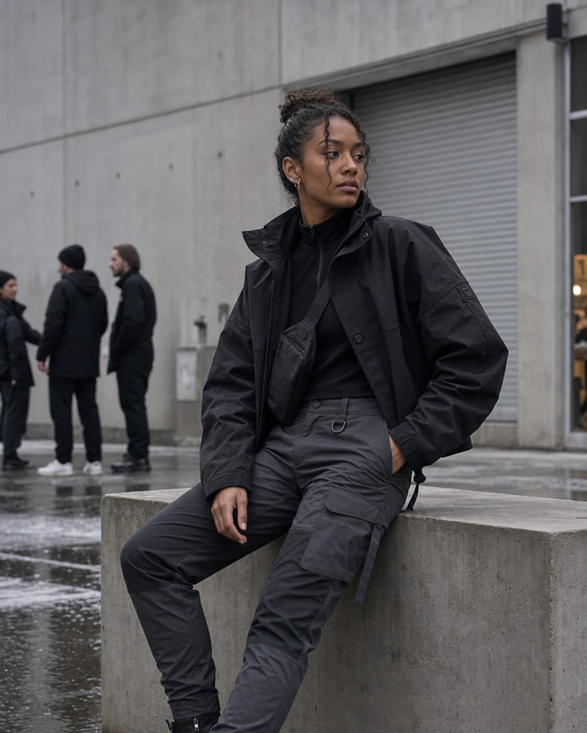 Editorial gallery gallery courtyard styling image showing a model wearing the Clothixpack CXP-P105 Mica Cargo Pant.