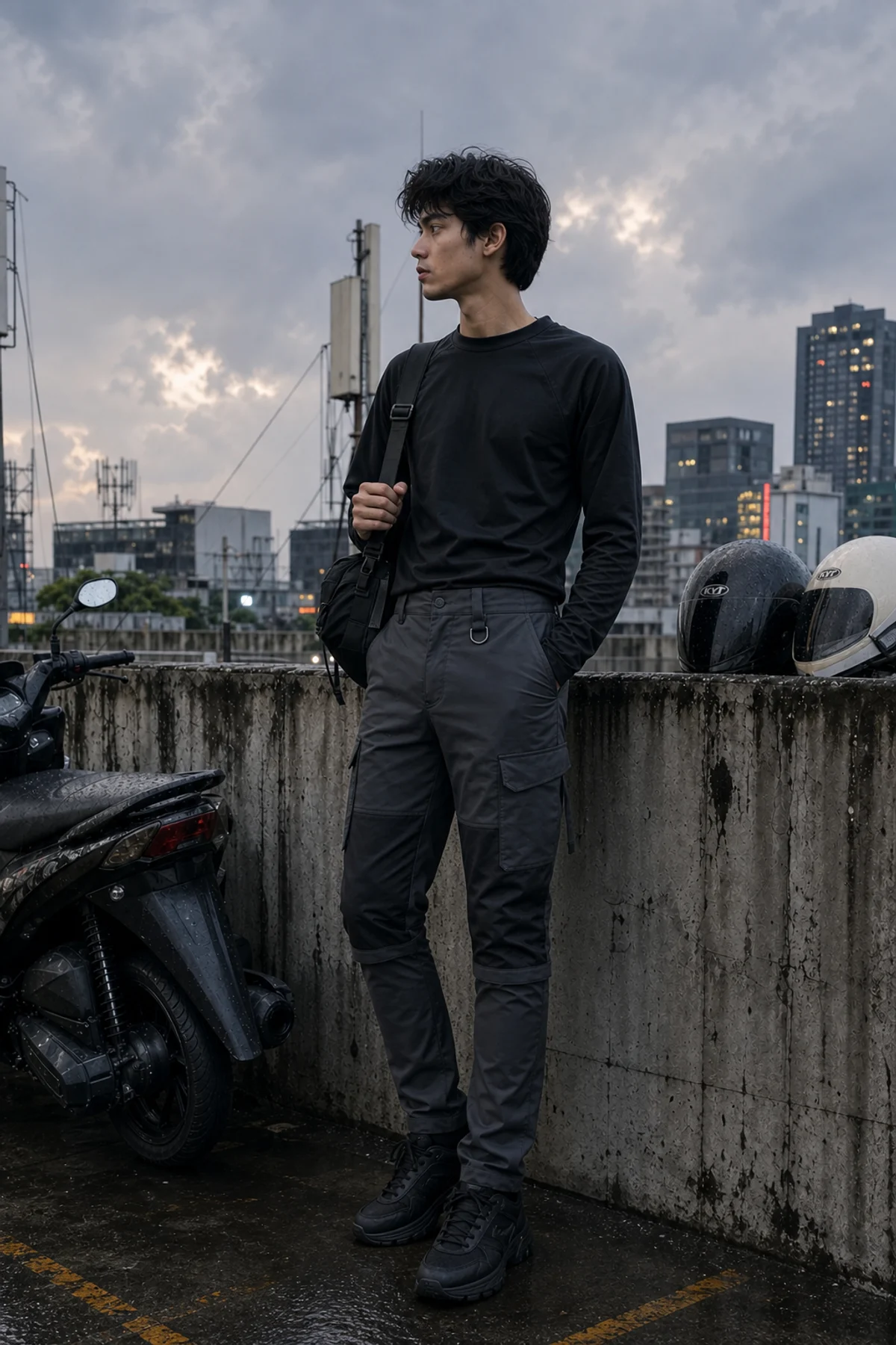 Editorial Jakarta rooftop styling image showing a model wearing the Clothixpack CXP-P105 Mica Cargo Pant with black technical layers.