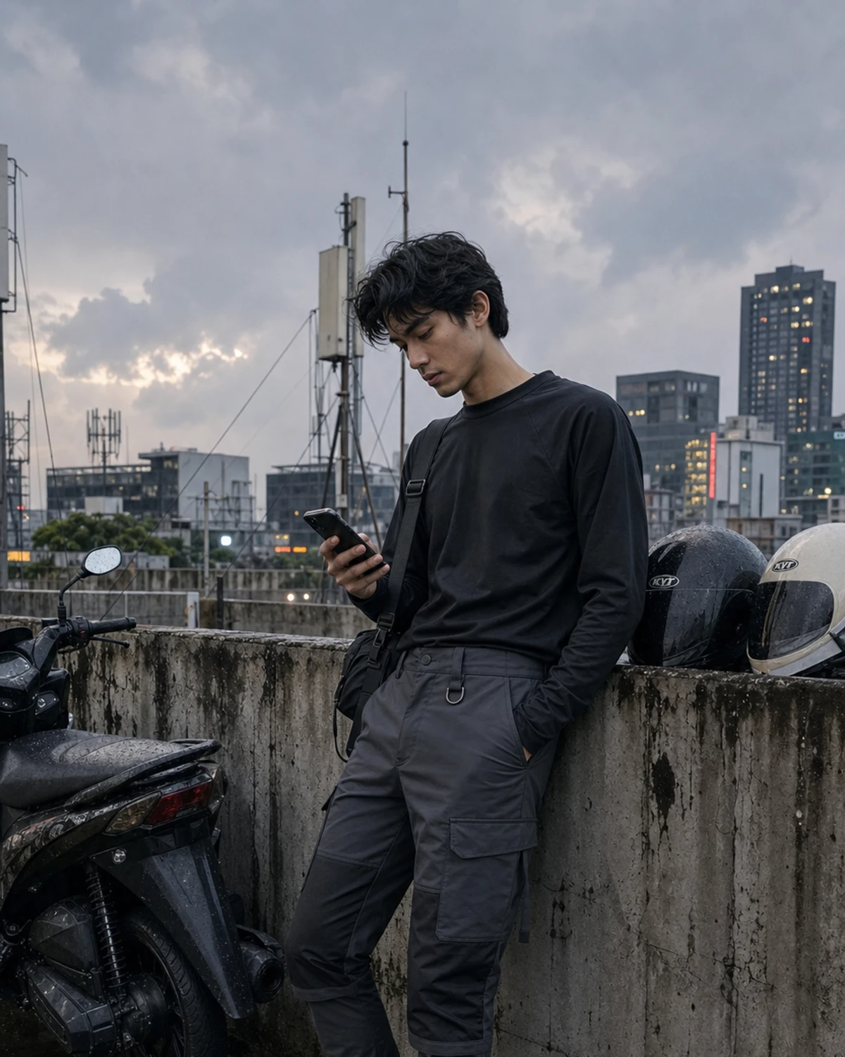 Editorial Jakarta rooftop styling image showing a model wearing the Clothixpack CXP-P105 Mica Cargo Pant with black technical layers.