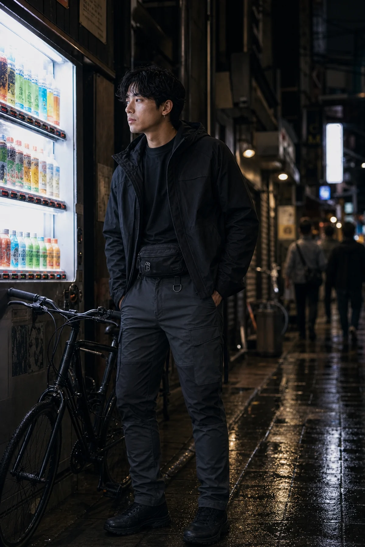 Editorial Tokyo alley styling image showing a model wearing the Clothixpack CXP-P105 Mica Cargo Pant beside a bicycle.