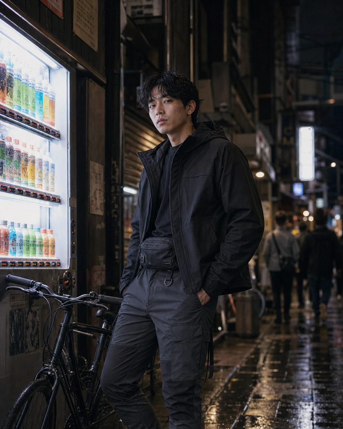 Editorial Tokyo alley styling image showing a model wearing the Clothixpack CXP-P105 Mica Cargo Pant beside a bicycle.