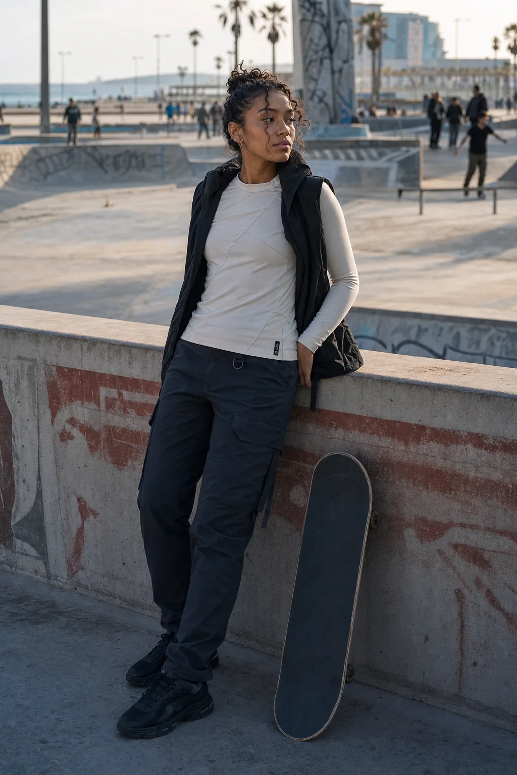 Editorial Barcelona skate styling image showing a model wearing the Clothixpack CXP-S101 Node Technical Tee.