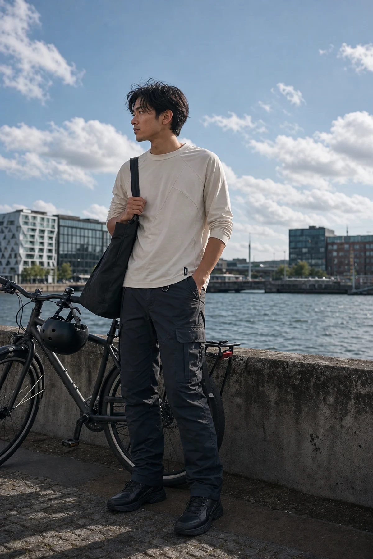 Editorial Copenhagen waterfront styling image showing a model wearing the Clothixpack CXP-S101 Node Technical Tee.