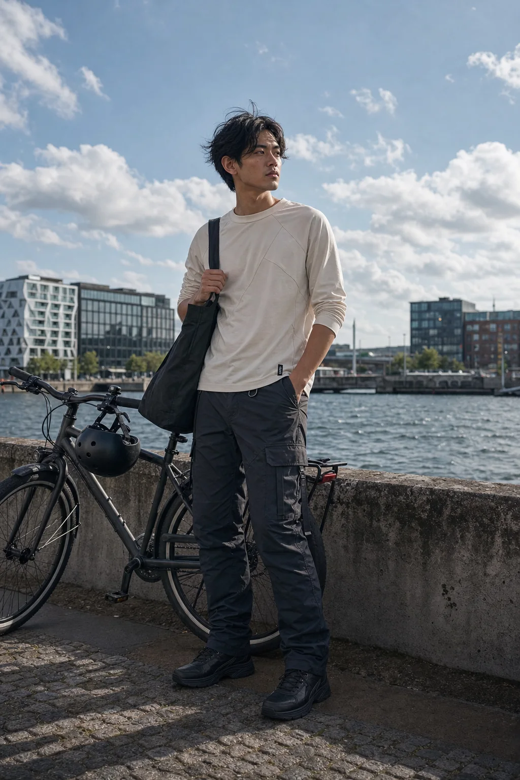 Editorial Copenhagen waterfront styling image showing a model wearing the Clothixpack CXP-S101 Node Technical Tee.