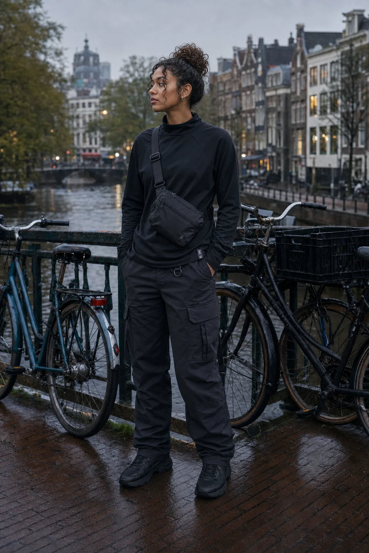 Editorial Amsterdam bike bridge styling image showing a model wearing the Clothixpack CXP-S102 Void Mock Neck Shirt.