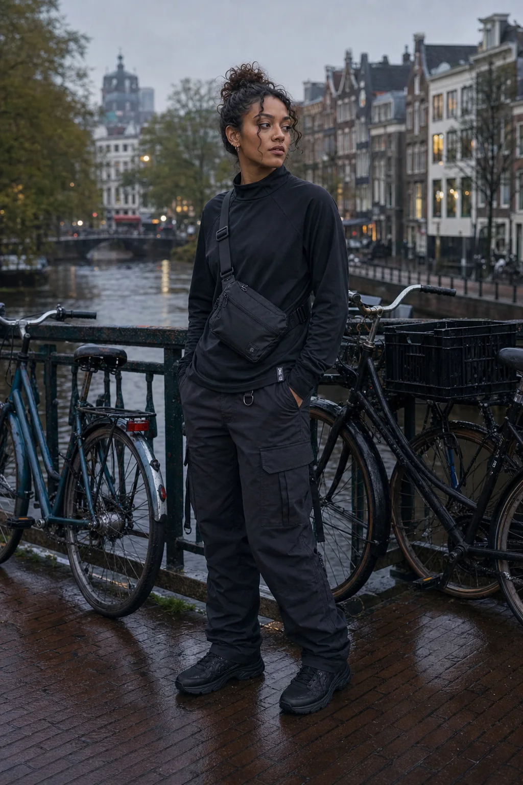 Editorial Amsterdam bike bridge styling image showing a model wearing the Clothixpack CXP-S102 Void Mock Neck Shirt.