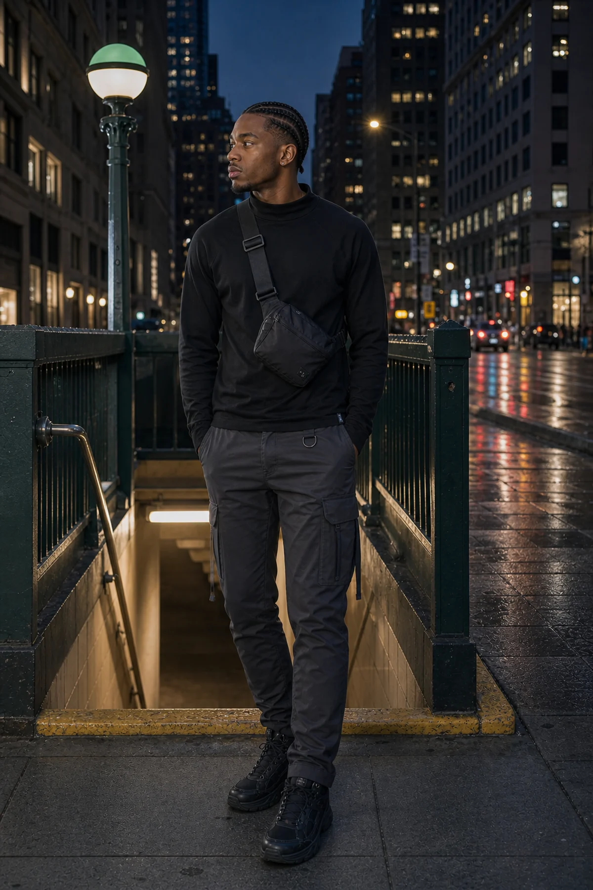 Editorial New York subway styling image showing a model wearing the Clothixpack CXP-S102 Void Mock Neck Shirt.