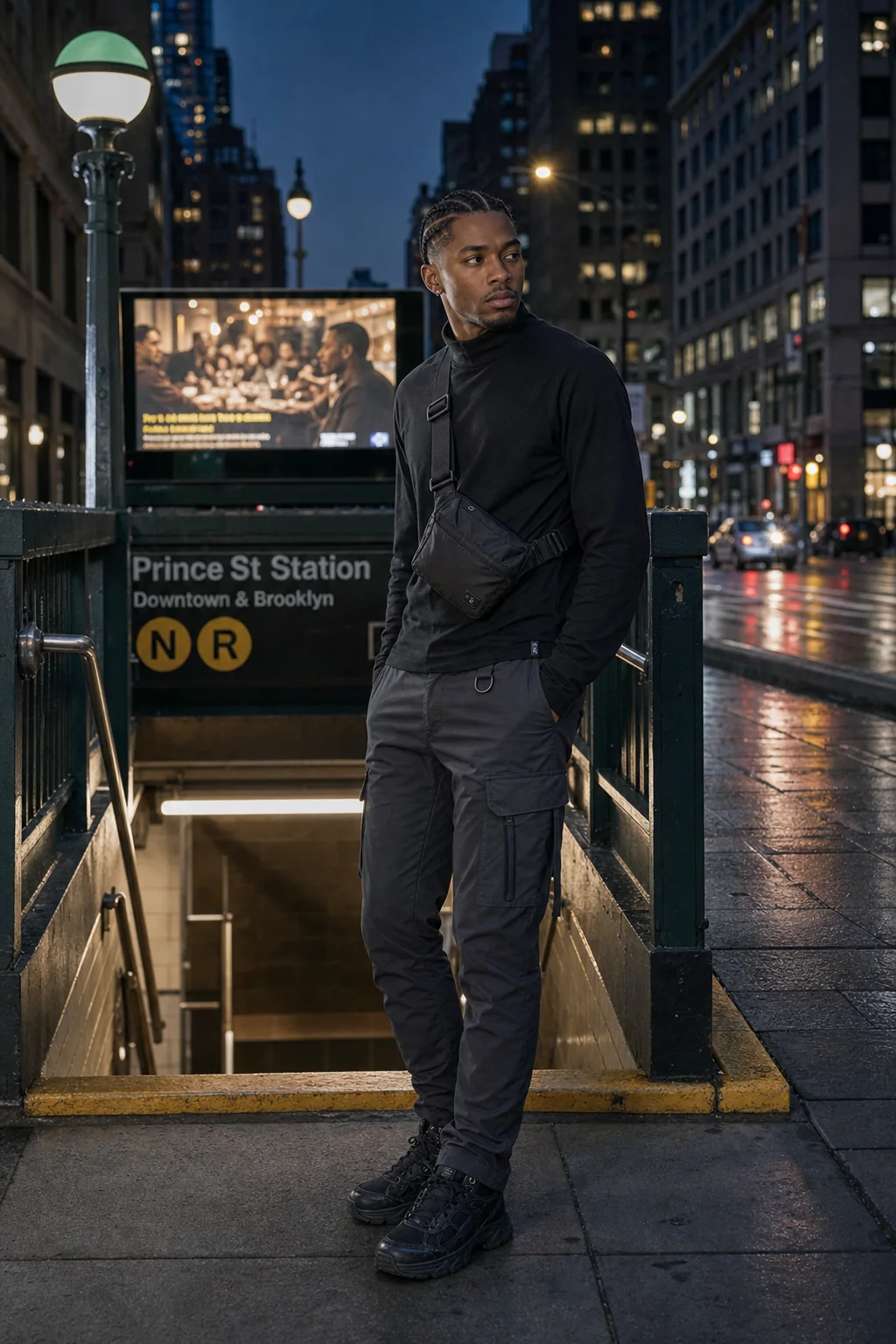 Editorial New York subway styling image showing a model wearing the Clothixpack CXP-S102 Void Mock Neck Shirt.