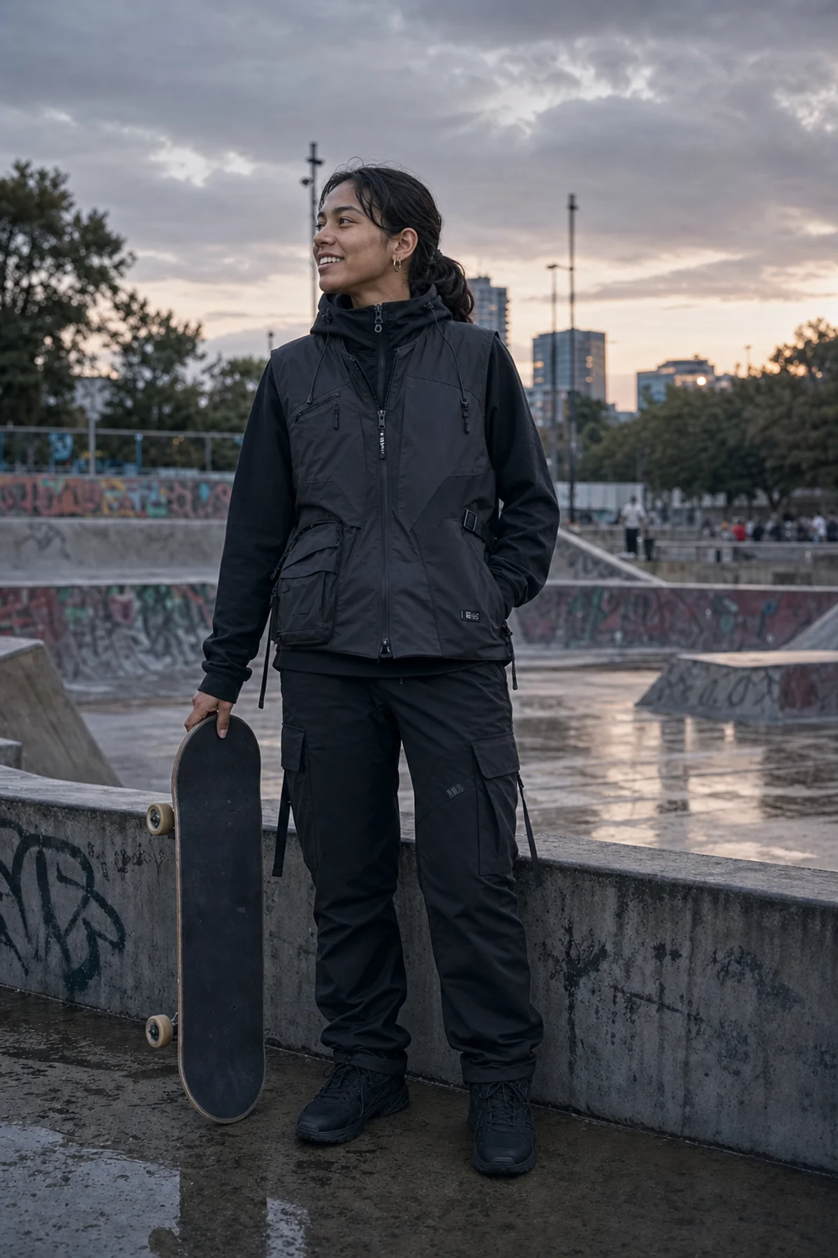 Editorial Madrid skatepark styling image showing a model wearing the Clothixpack CXP-V101 Rift Waterproof Vest.