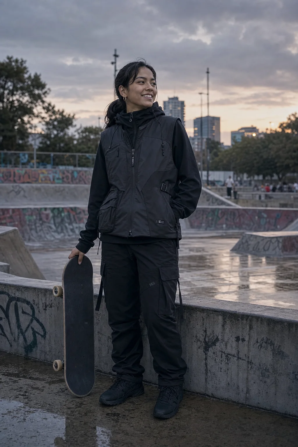 Editorial Madrid skatepark styling image showing a model wearing the Clothixpack CXP-V101 Rift Waterproof Vest.
