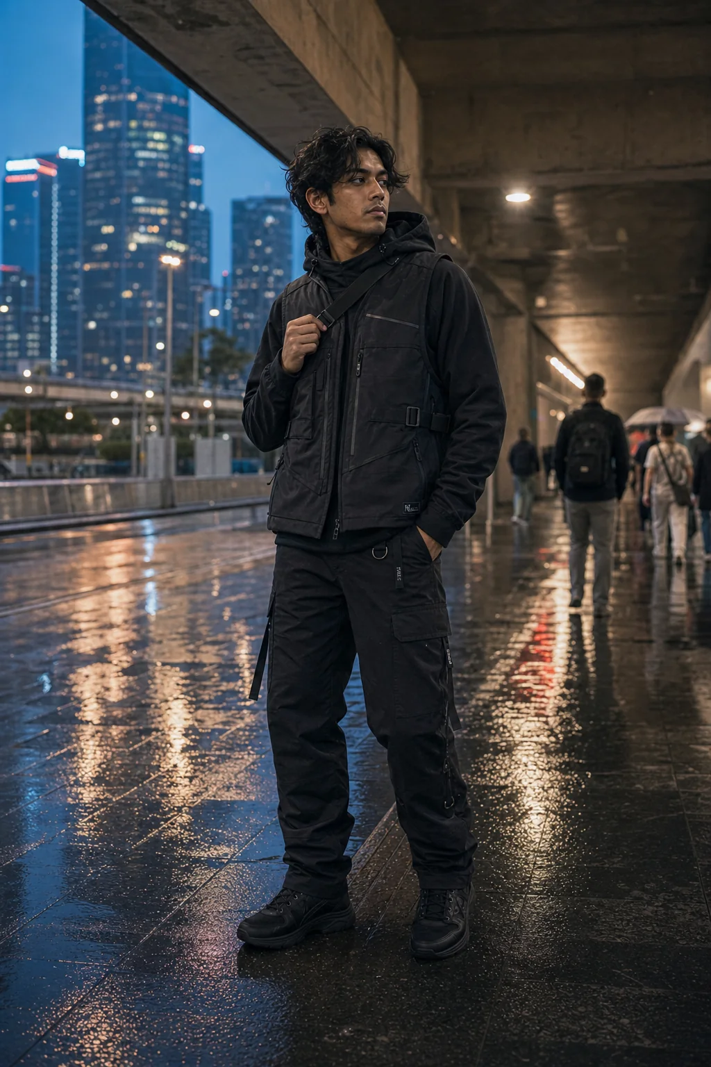 Editorial Singapore underpass styling image showing a model wearing the Clothixpack CXP-V101 Rift Waterproof Vest.