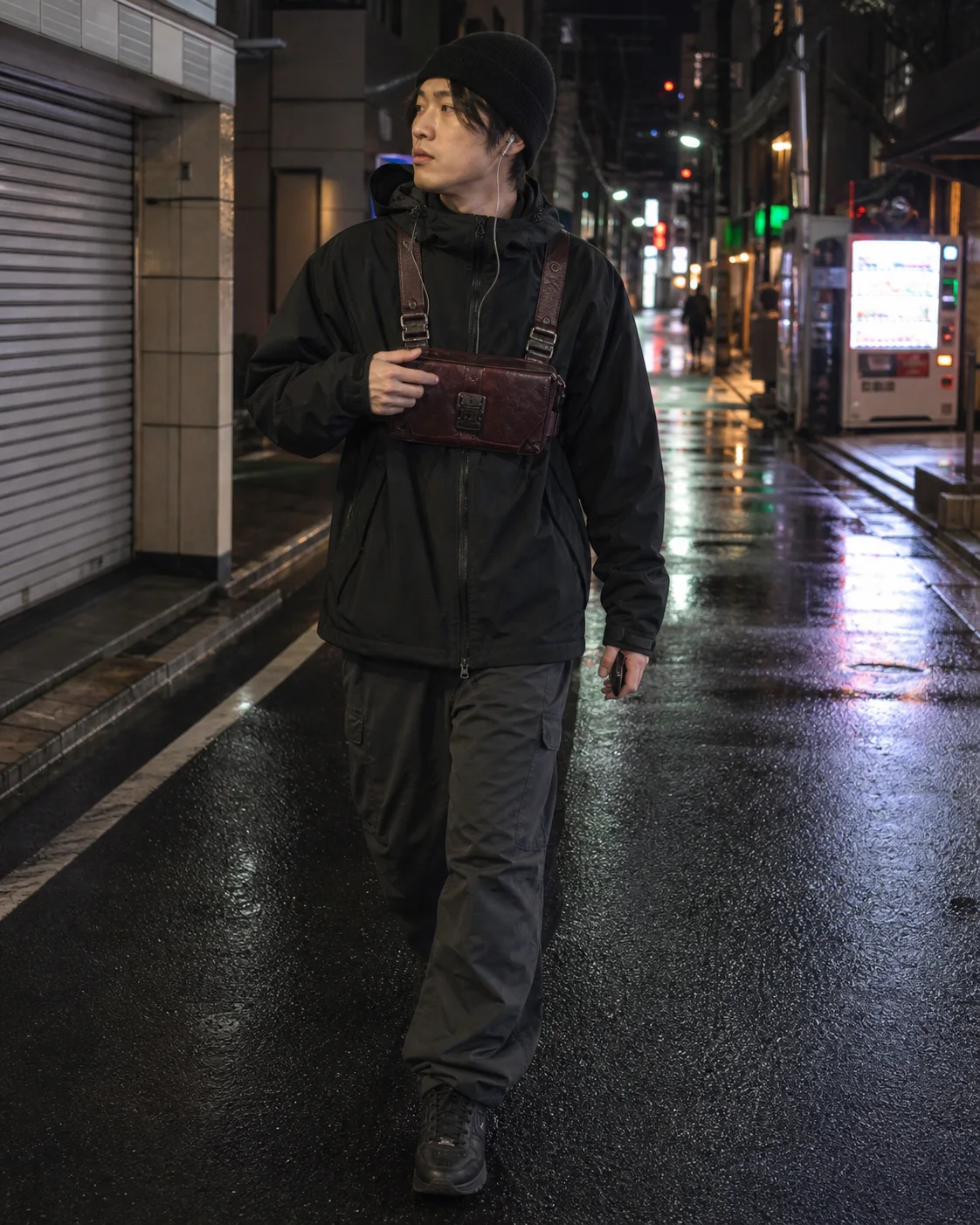 Tokyo street styling image showing the Clothixpack CXP-A101 Vector Chest Rig over a black shell jacket with charcoal cargos.