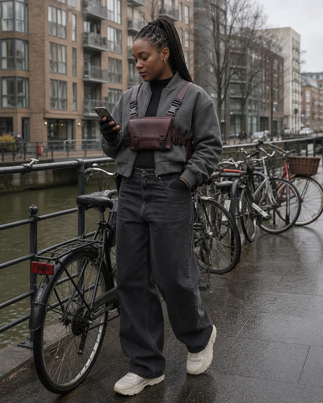 Copenhagen canal styling image showing the Clothixpack CXP-A101 Vector Chest Rig over a grey bomber with washed black denim.