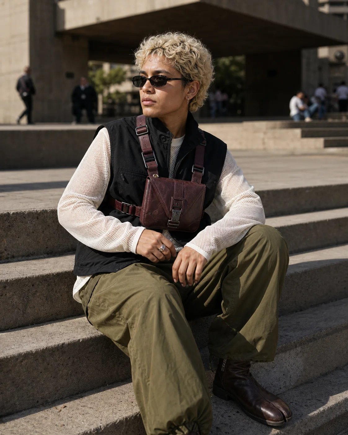 Mexico City plaza styling image showing the Clothixpack CXP-A101 Vector Chest Rig with an ivory mesh base layer and olive parachute pants.