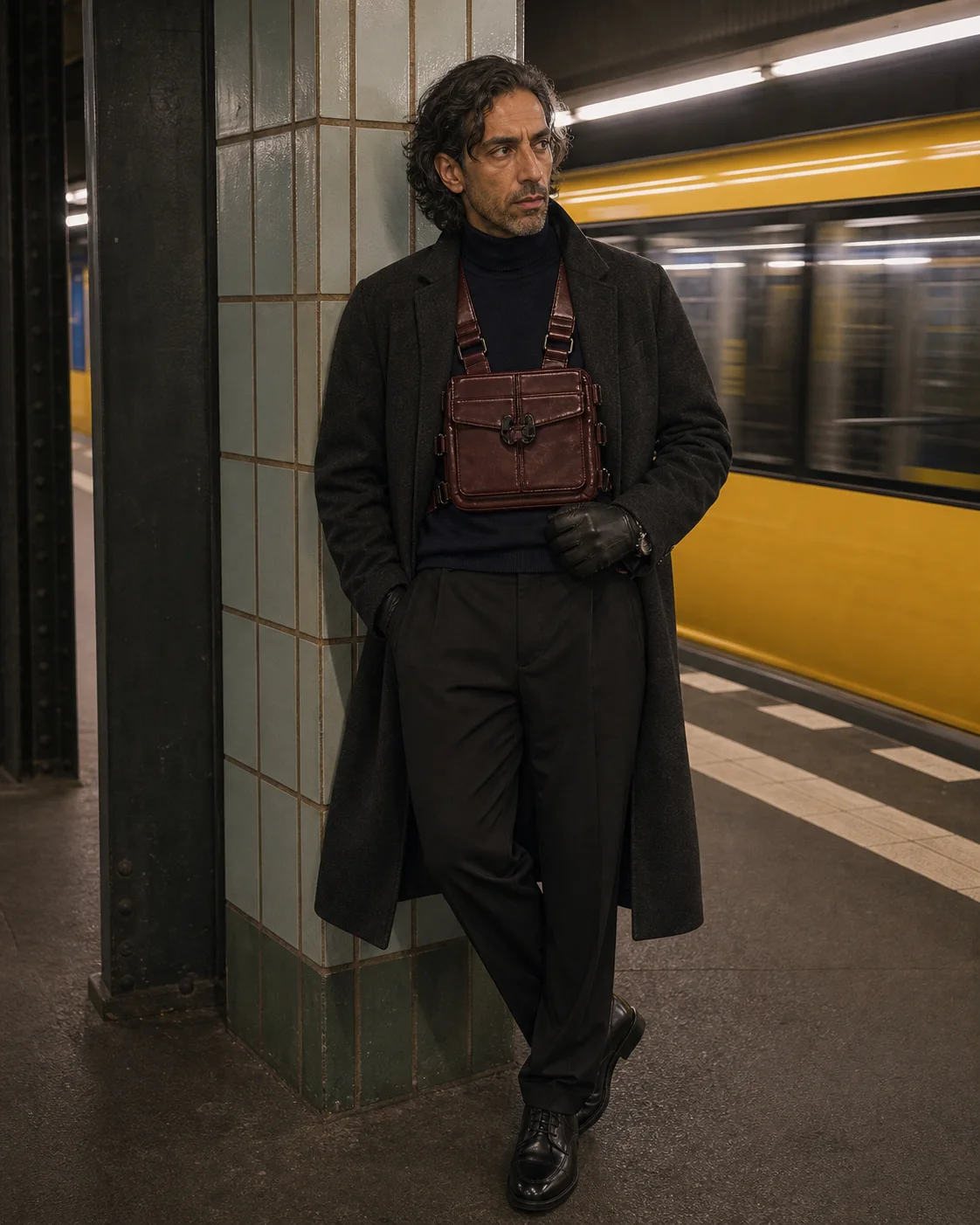 Berlin U-Bahn styling image showing the Clothixpack CXP-A101 Vector Chest Rig over a dark overcoat with black pleated trousers.
