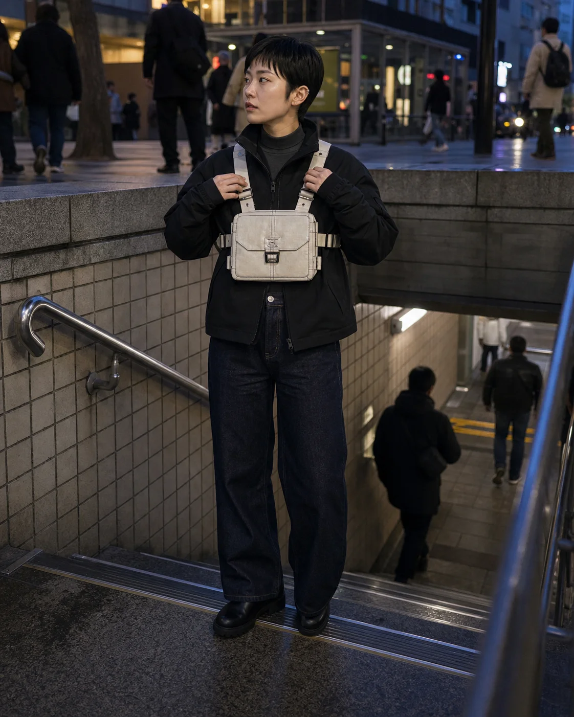 Seoul subway styling image showing the Clothixpack CXP-A102 Helix Chest Rig over a black cropped shell with dark denim.