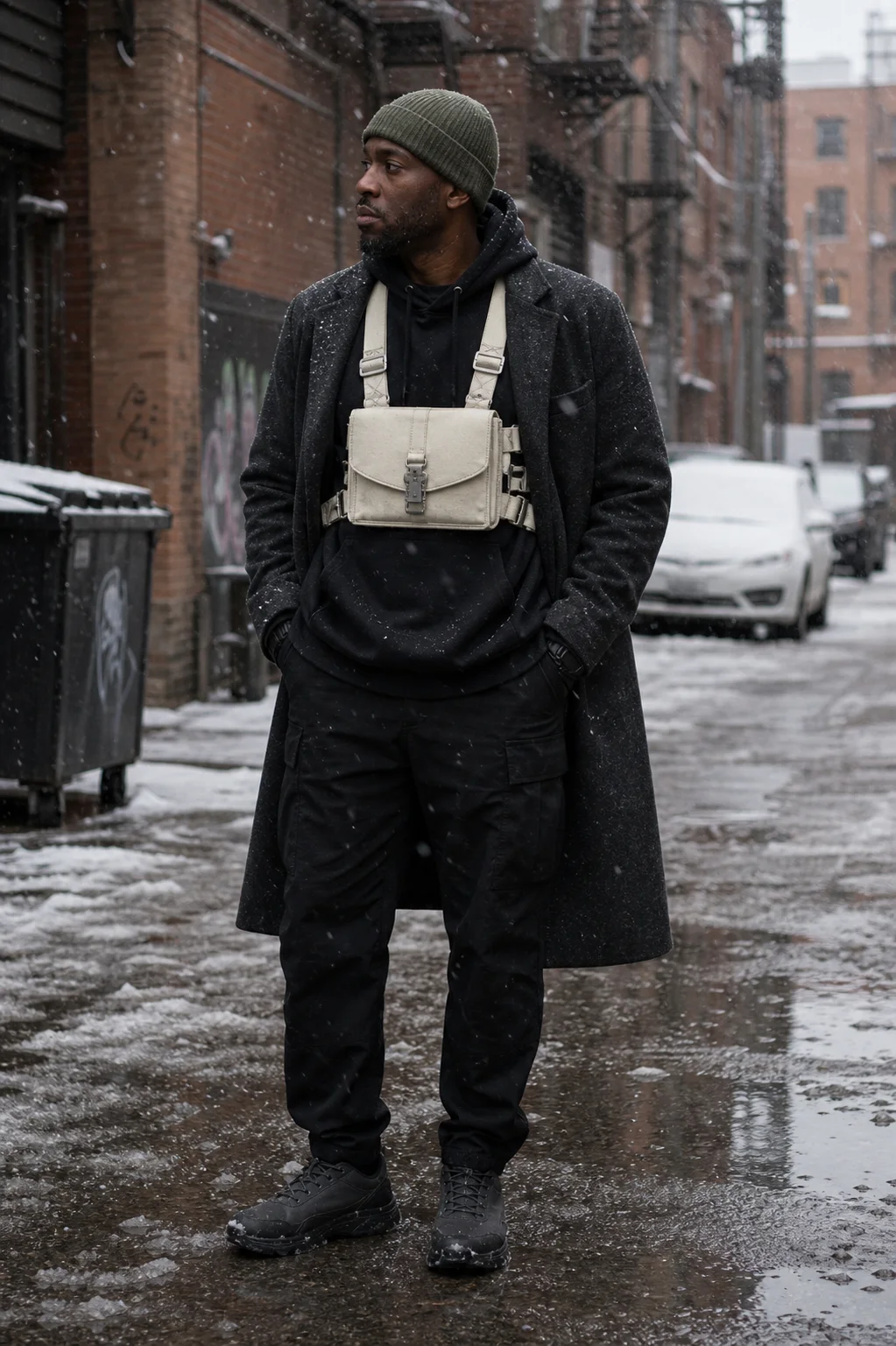 Toronto snowy alley styling image showing the Clothixpack CXP-A102 Helix Chest Rig over a charcoal overcoat with black cargo pants.