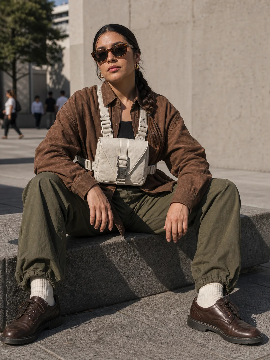 Mexico City plaza styling image showing the Clothixpack CXP-A102 Helix Chest Rig with a clay shirt and olive parachute pants.