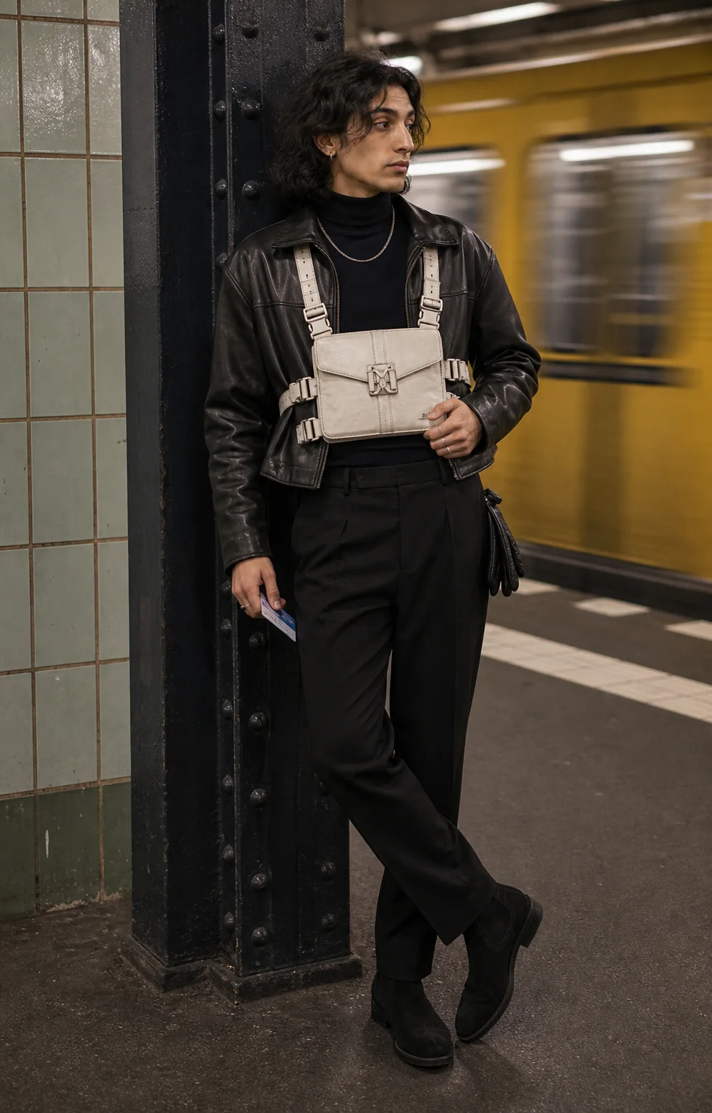 Berlin U-Bahn styling image showing the Clothixpack CXP-A102 Helix Chest Rig over a black leather jacket and pleated trousers.