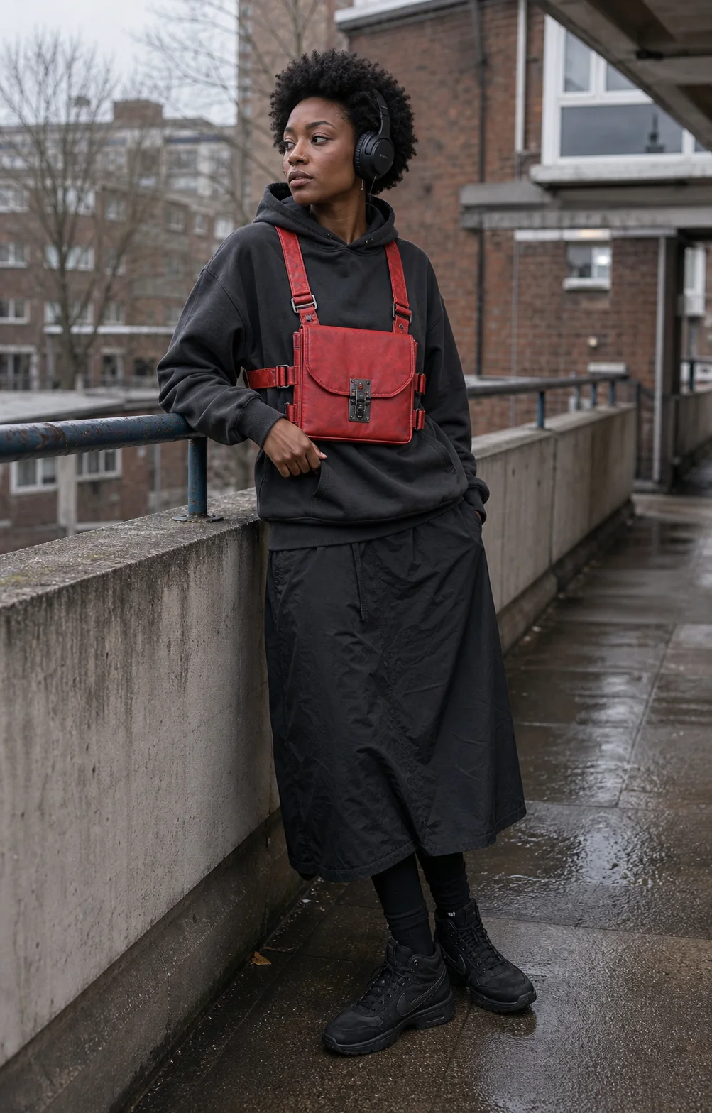 London walkway styling image showing the Clothixpack CXP-A103 Null Chest Rig over a charcoal hoodie and black rain skirt.