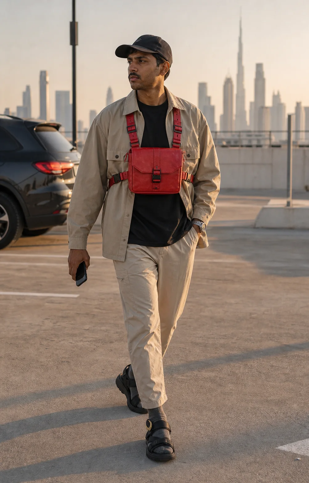 Dubai parking podium styling image showing the Clothixpack CXP-A103 Null Chest Rig over a sand overshirt with beige nylon trousers.