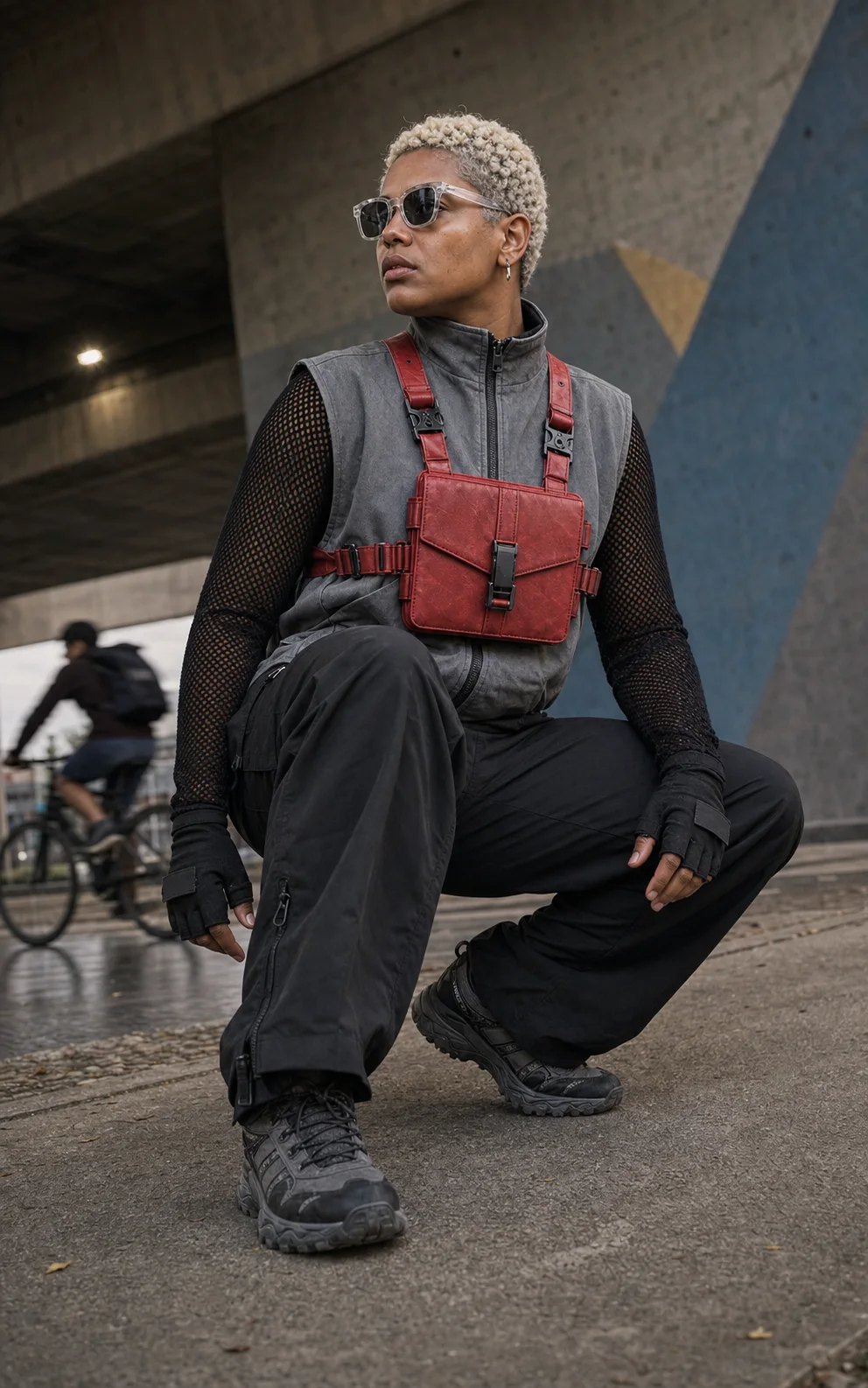 Sao Paulo underpass styling image showing the Clothixpack CXP-A103 Null Chest Rig over washed grey utility layers and wide black tech pants.