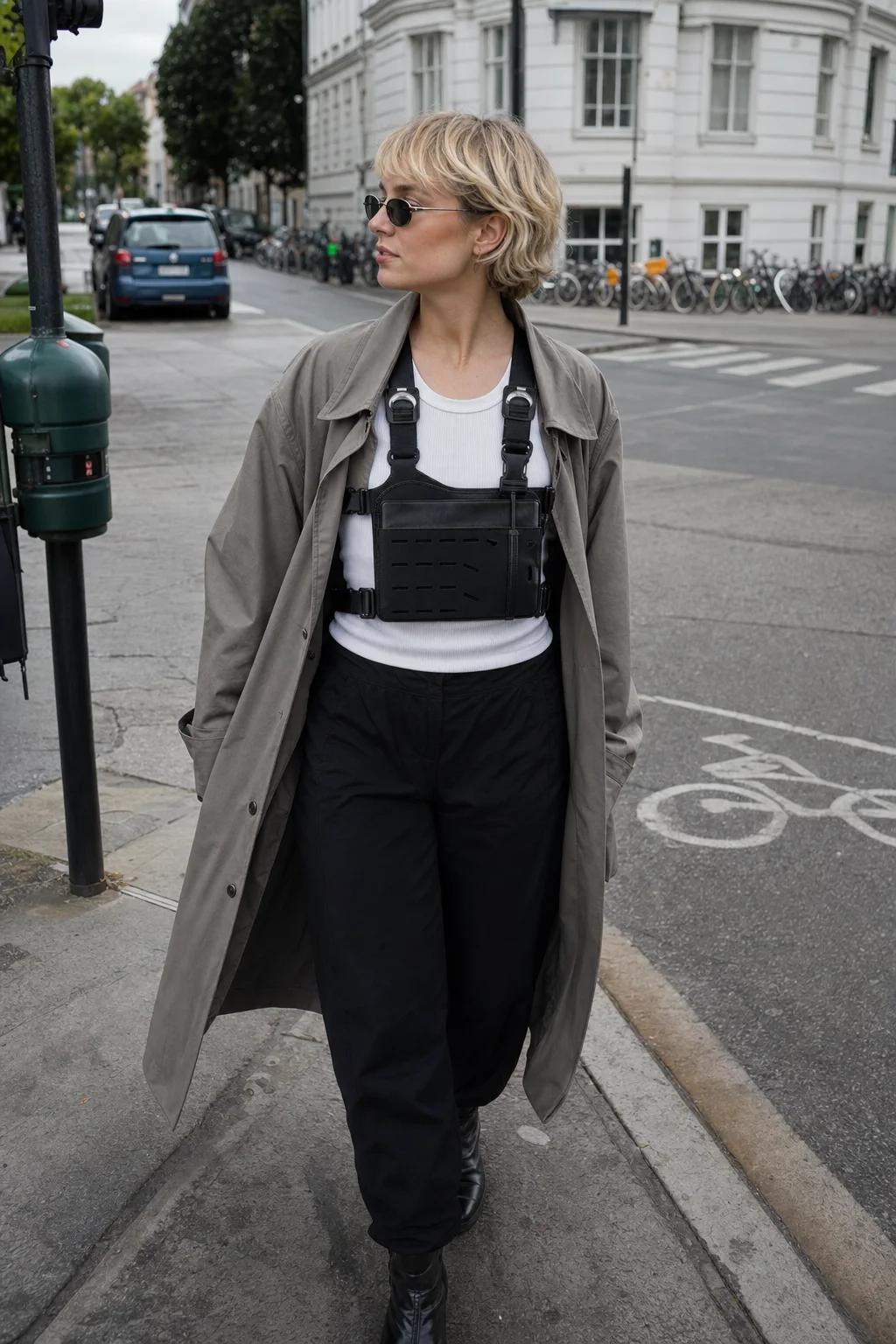 Copenhagen bike lane styling image showing the Clothixpack CXP-A104 Orbit Chest Rig over a stone grey trench with black nylon trousers.