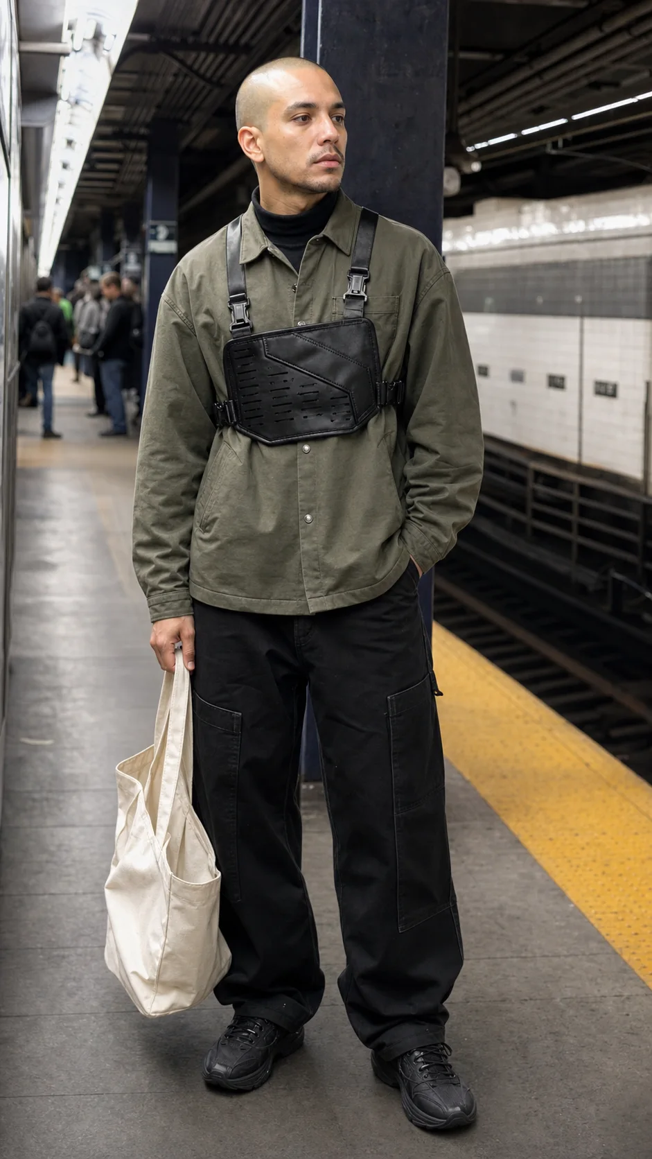 New York subway styling image showing the Clothixpack CXP-A104 Orbit Chest Rig over an olive overshirt and black carpenter pants.