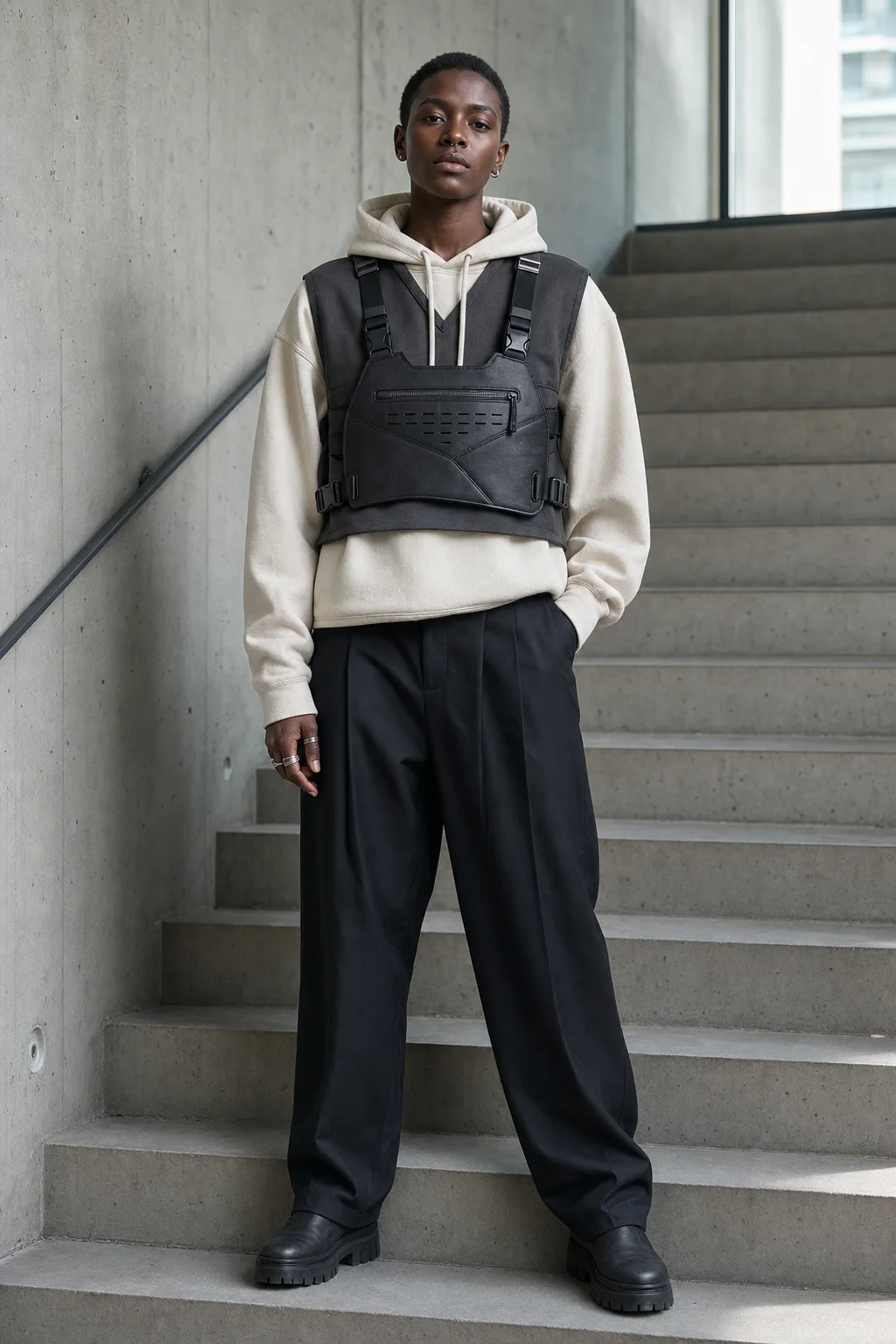 Berlin concrete stairwell styling image showing the Clothixpack CXP-A104 Orbit Chest Rig over a cream hoodie with wide black pleated trousers.