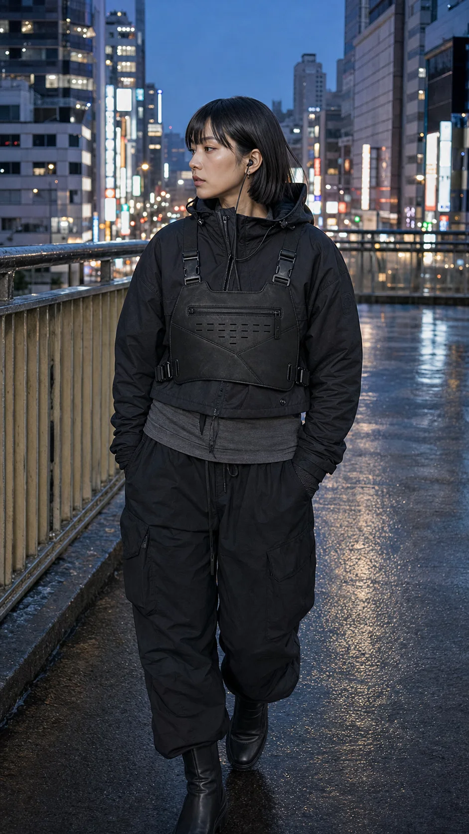 Tokyo pedestrian bridge styling image showing the Clothixpack CXP-A105 Tension Chest Rig over a cropped black shell and parachute pants.